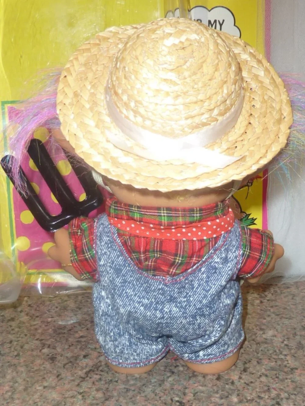 1991 Uneeda Wishnik Farmer 8 inch TROLL Doll with packaging and label.